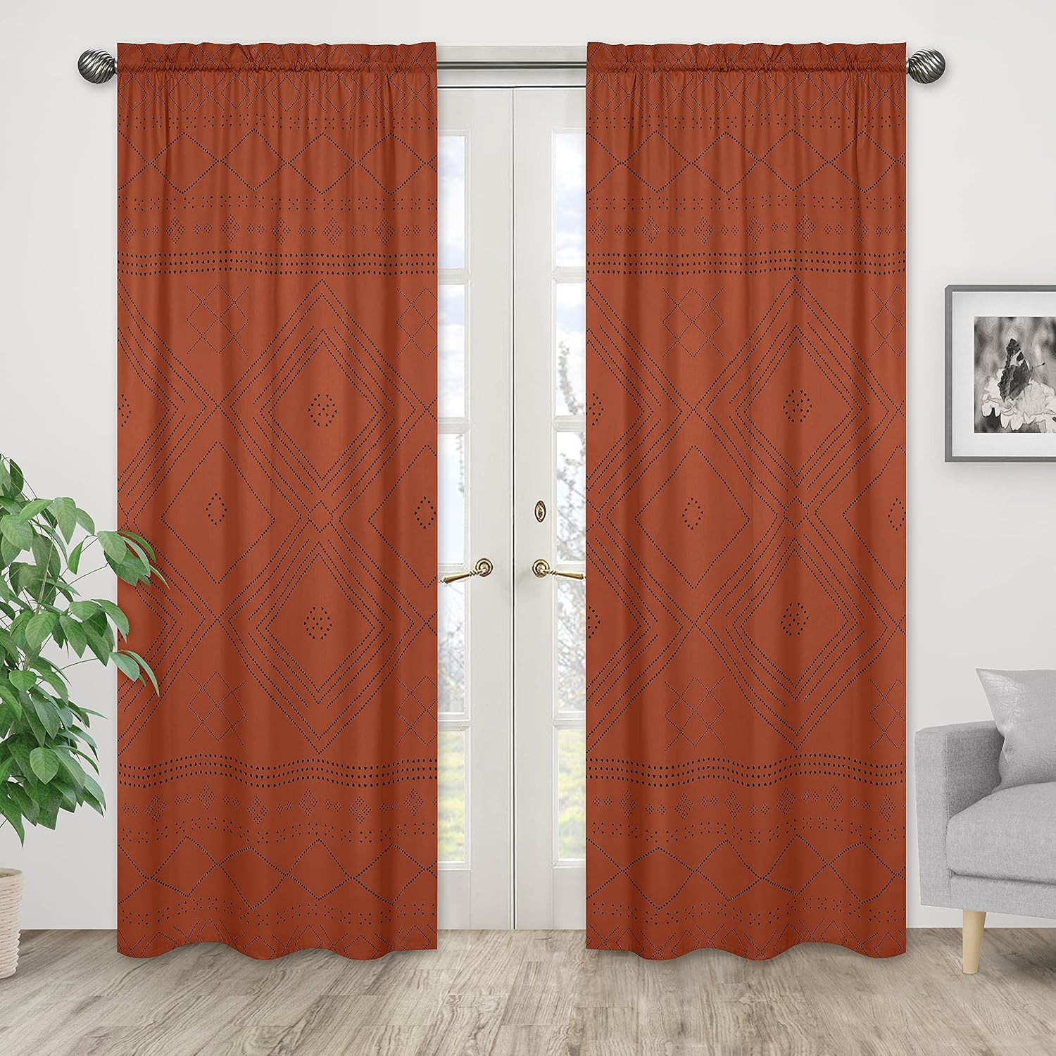 Boho Bohemian Tribal Black Orange Rustic Geometric Decorative Window Treatment P