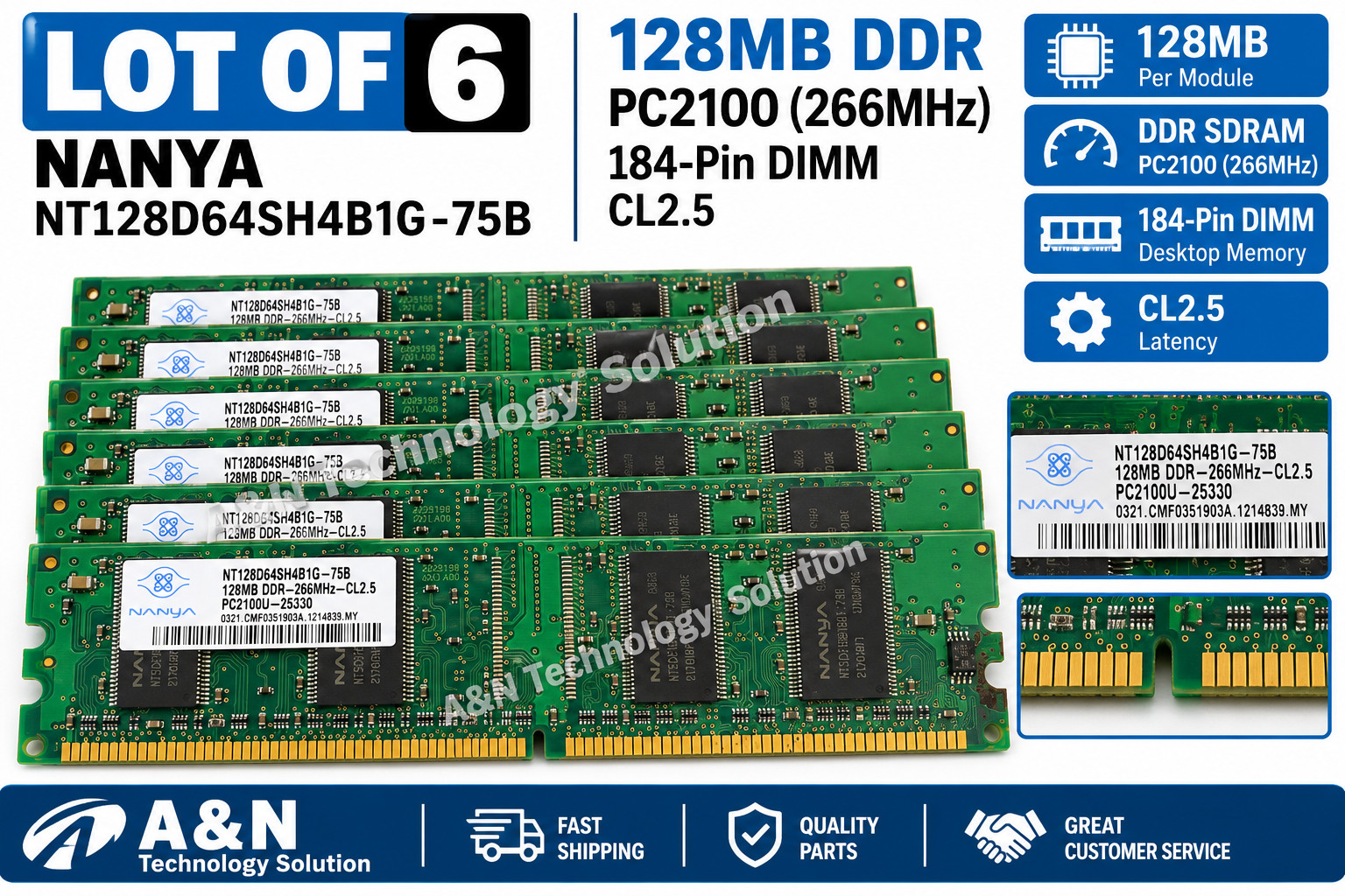 Lot of 6 Nanya 128MB DDR 266MHz PC2100U CL2.5 184-Pin Desktop RAM Memory