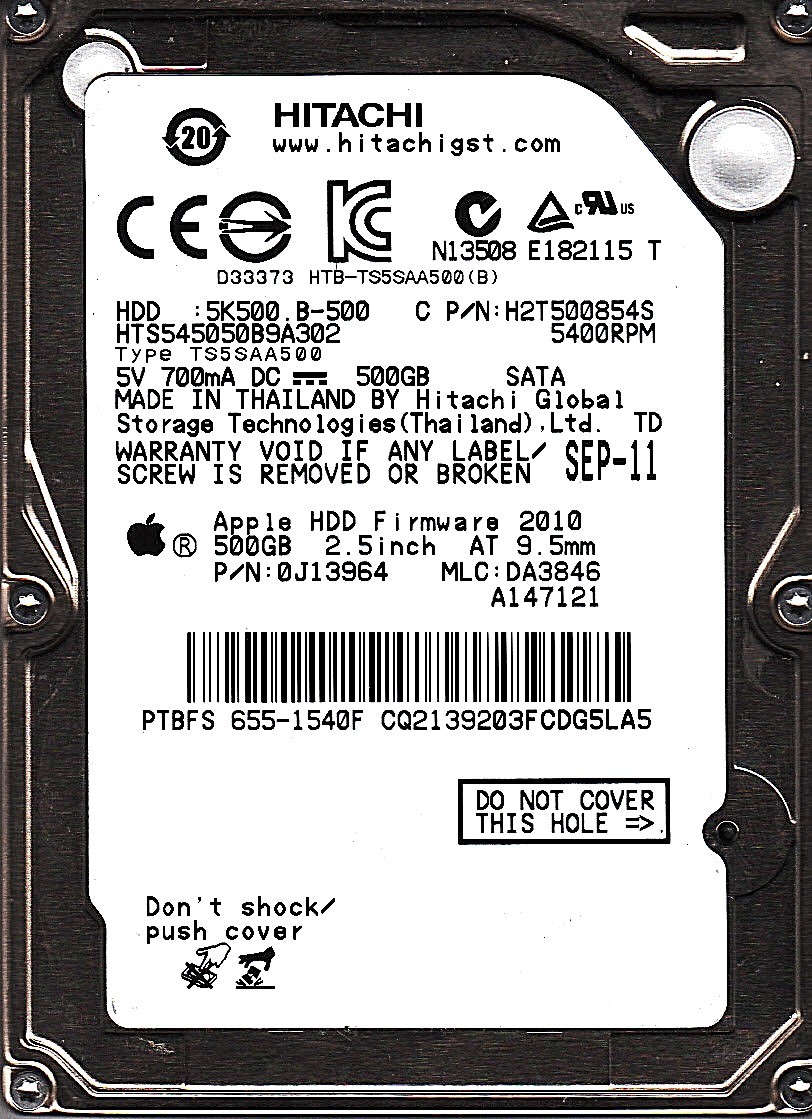 Hitachi HTS545050B9A302 pn: 0J13964 mlc: DA3846 500GB SATA 2.5 HDD 5201