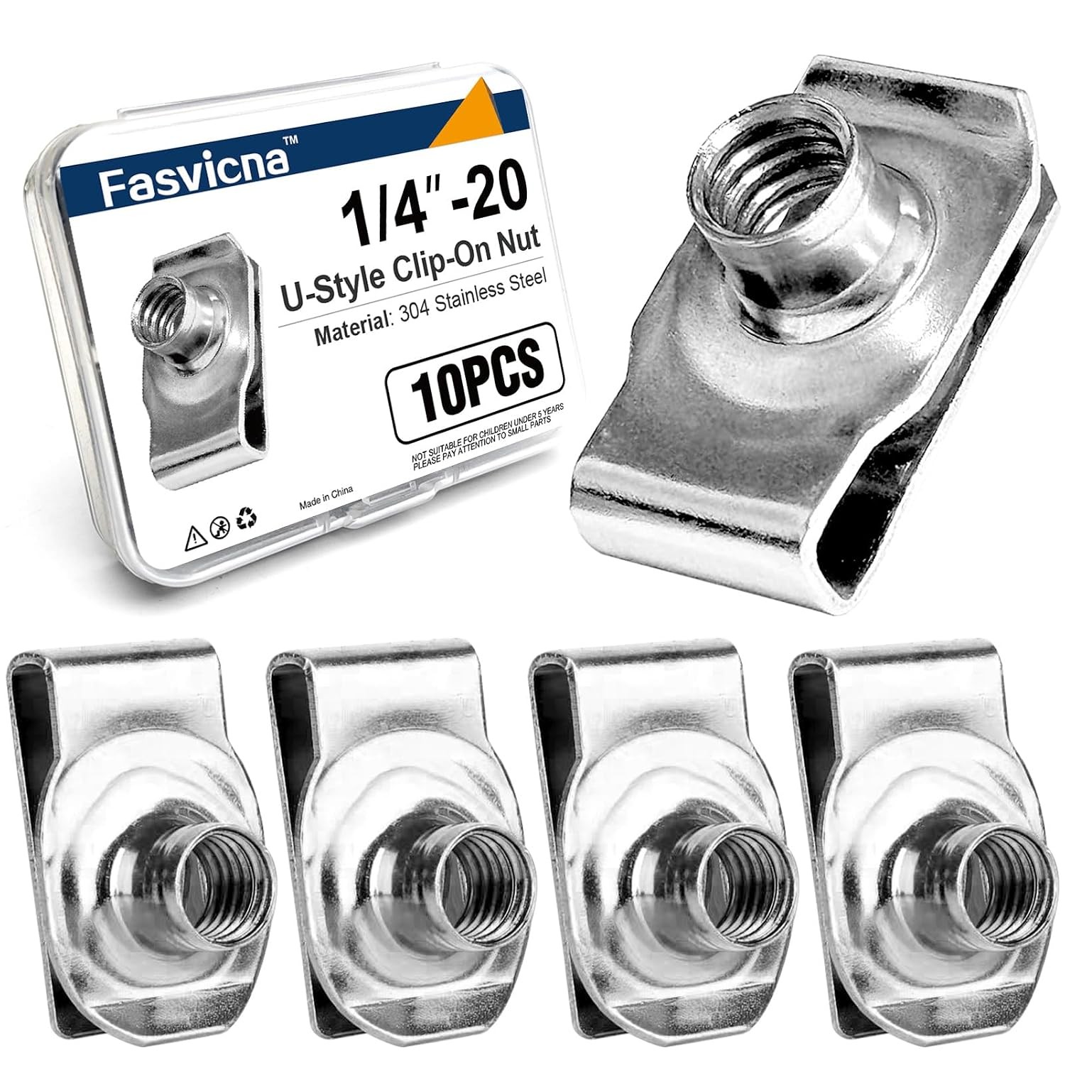 1/4"-20 U Clip Nuts, 304 Stainless Steel Extruded Clip-On U Nuts for Automotive