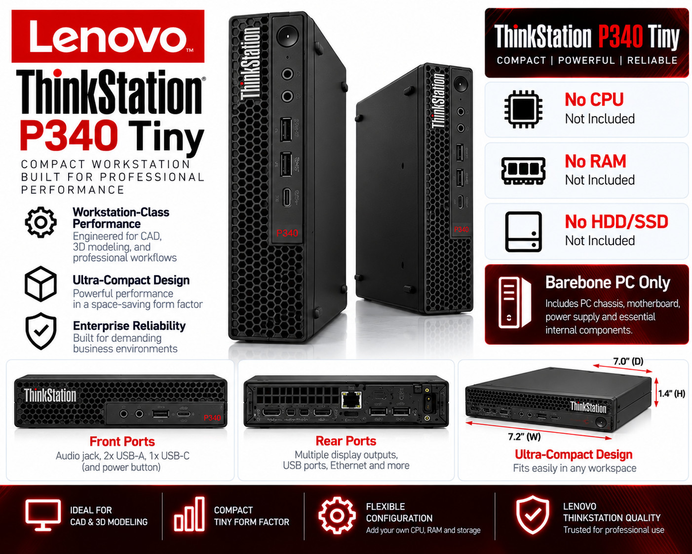 NEW Lenovo ThinkStation P340 Tiny PC -  No CPU/RAM/HDD - Barebone PC only