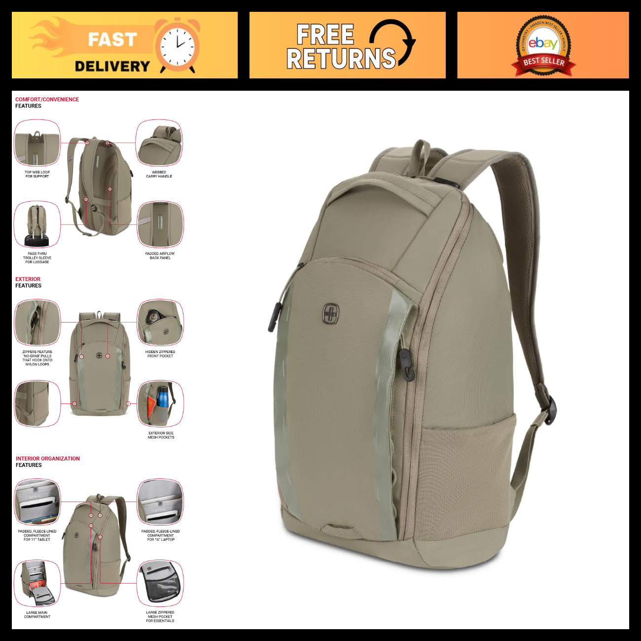 Olive 18" Laptop Backpack, Water-Resistant, Multi-Compartment Travel Bag