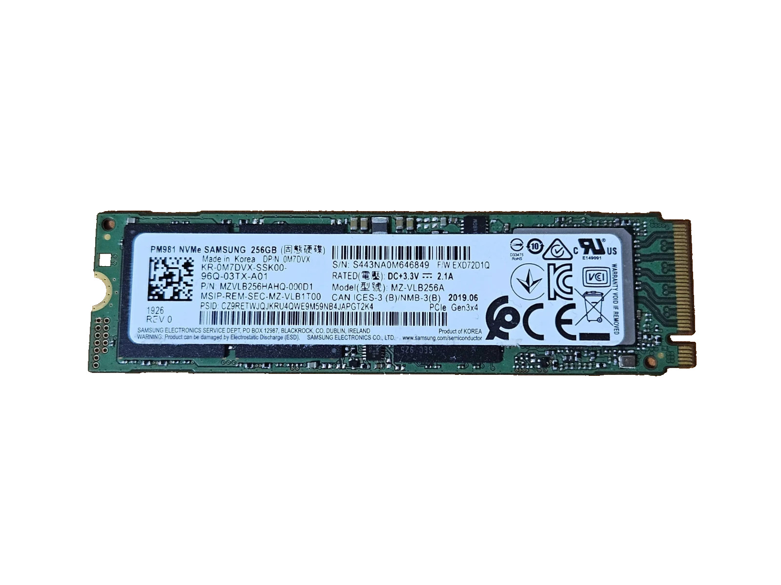 MZVLB256HAHQ-000D1  0M7DVX DELL / SAMSUNG 256GB PM981 NVME SSD