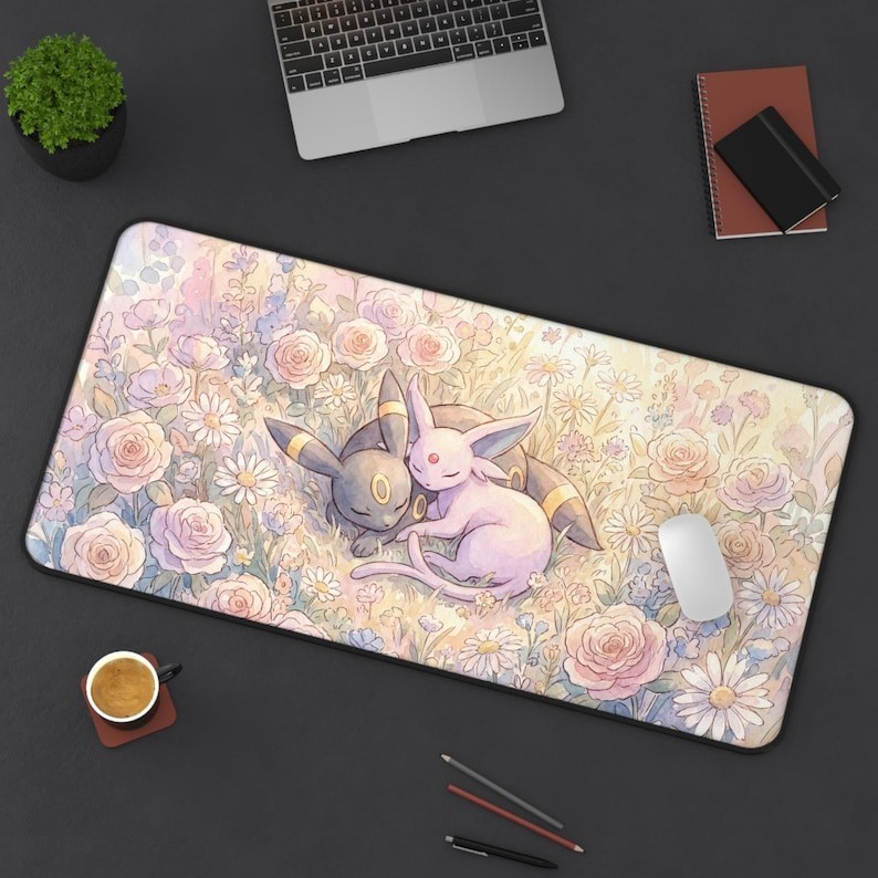 Sleeping Pokémon Meadow Desk Mat | Umbreon and Espeon Floral Mouse pad