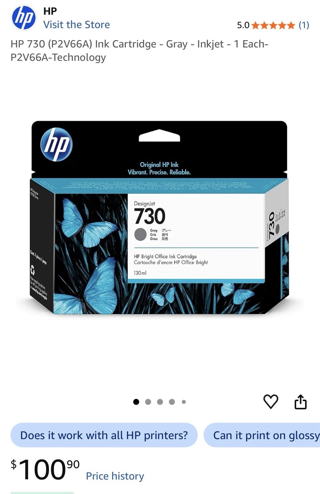 HP 730 Genuine Original Gray Inkjet Ink Cartridge 130ml P2V66A