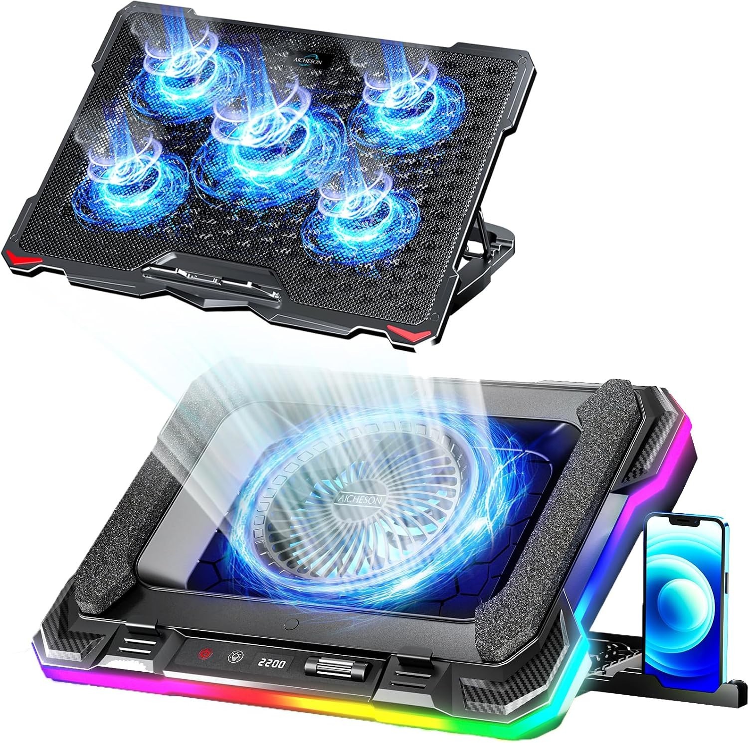 AICHESON Laptop Cooling Pad 5 Fans Up to 17.3 Inch Heavy Notebook Cooler, Blue L