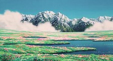 Landscape watercolor mountains studio ghibli field howls Custom Gaming Mat Desk picture