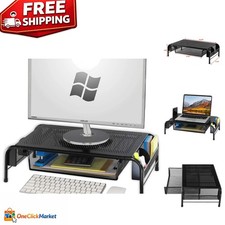 Compact Monitor Stand with Sliding Drawer & Side Storage - Black Metal Finish picture