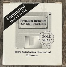 25 Premium Diskettes NEW 3.5” DS/HD Gold Seal Certified Formattted IBM picture