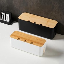 Bamboo Cable Management Box Desk Organizer Hide Wires Power Strips picture