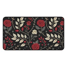 Red Rose Floral Desk Mat | Black Vintage Botanical Deskpad Mousepad picture