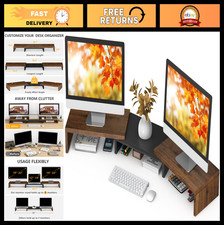 Dual Monitor Stand Riser - Extra Long Wooden Desktop Organizer for 2 Monitors, T picture