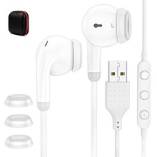 USB Earbuds with Microphone PC In-Ear USB A Wired Computer Headphones White picture
