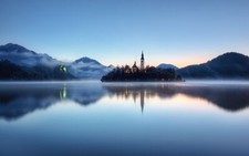 Landscape lake tower calm sunset hills slovenia bled Custom Gaming Mat Desk picture