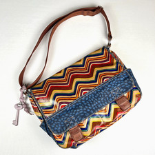 FOSSIL Key-Per Coated Canvas Multi-Color Chevron Striped Laptop Messenger Bag picture