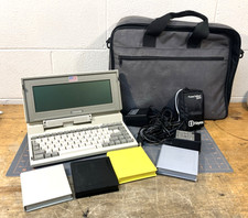 Toshiba T1000 Vintage Laptop PC 1 Owner bag floppies power supplies lot hayes picture