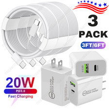 3Pack QC 3.0+20W PD Fast Wall Charger Adapter USB Cable For iPhone 15 Android LG picture