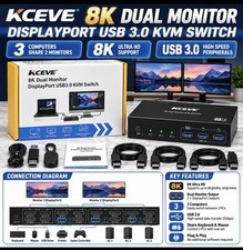 KCEVE 8K Dual Monitor DisplayPort USB3.0 KVM Switch 3 PC 2 Monitor Ultra HD picture