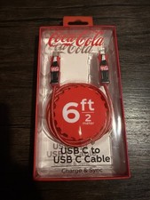 Coca-Cola USB-C to USB-C Cable 6ft Red Braided Bottle Design Charge & Sync New picture