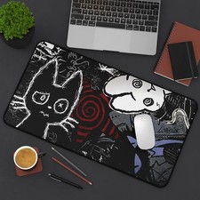 Dark Punk Anime Mousepad, XL Creepy Cat Gaming Setup, Grunge picture
