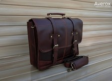 Men's Full Grain Leather Briefcase Laptop Messenger Bag Burgundy Brown Satchel picture
