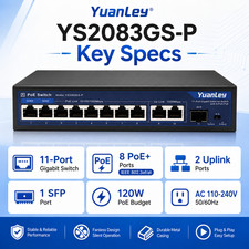 YuanLey 11 Port Gigabit PoE Switch 8 PoE+ 2 Uplink 1 SFP 120W Plug Play picture