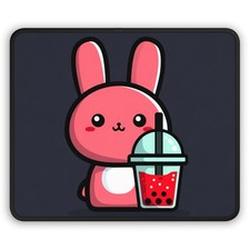Cute Pink Bunny with Bubble Tea Gaming Mouse Pad | Kawaii Boba Desk Mat picture