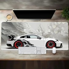 Large White Sports Car Gaming Mouse Pad - Extended Anti-Slip Desk Mat picture