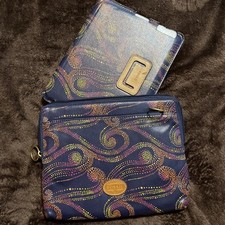 a Fossil Key-Per navy blue swirl-dots coated canvas tablet case and pouch set  picture