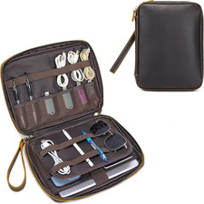LANNSYNE Full Grain Leather Electronic Organizer Accessory Travel Tech Pouch, Ca picture