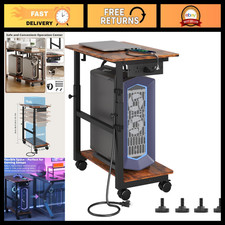 Height Adjustable 2-Tier Computer Tower Stand with Power Outlet & Wheels, ATX CP picture