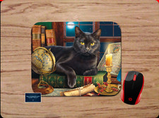 BLACK CAT IN THE LIBRARY STUDY MOON NIGHT ART SCENE PC MOUSE PAD DESK MAT GIFT picture
