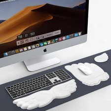 Angel Wing Wrist Rest Set Ergonomic Keyboard Mouse Memory Foam White 3 PCS picture