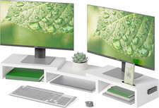 BONTEC Dual Monitor Stand Riser, Adjustable Length & Swivel Angle, White picture
