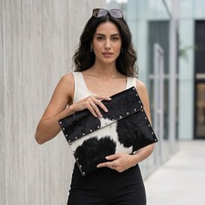 Real Cowhide Leather Laptop Sleeve - Studded Hair on Hide Computer Case,  picture