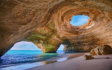 Landscape portugal cave beach rocks sand sea water Custom Gaming Mat Desk picture