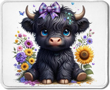 Sunflower Black Highland Cow Mouse Pad, Coquette Purple Bow Flower Cute Highland picture
