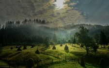 Landscape nature morning sunlight sky mist field forest Custom Gaming Mat Desk picture