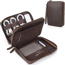 Polare Full Grain Leather Travel Cable Organizer Case Double Layer Electronic... picture