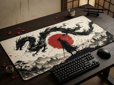 Samurai Silhouette Desk Mat Japanese Dragon Ink Wash Gaming Mouse Pad Desk Pad picture