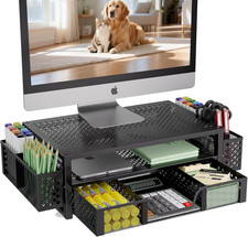 Computer Monitor Stand Riser Metal 2 Tier Desk Organizer with Drawer Pen Holder picture