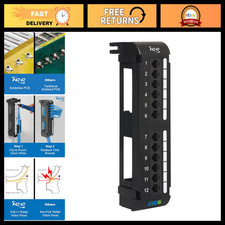 12-Port CAT6 RJ45 Patch Panel - Wall Mount Rear IDC, Black, Networking Solution picture