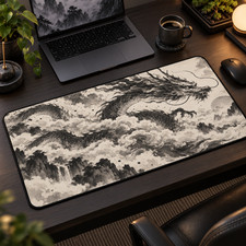 Dragon Desk Mat, Ink Wash Mouse Pad, Black White Gaming Desk Decor picture