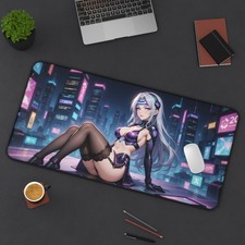 Cyberpunk Anime Waifu XL Gaming Desk Mat 32x16 Neon City Mouse Pad Large picture