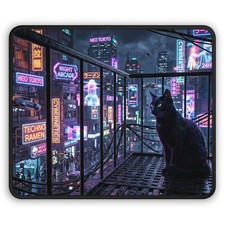 Black Cat Neon Cyber City Gaming Mouse Pad | Neon City Nightscapes picture