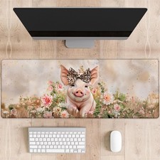Cute Pig Gaming Mouse Pad Piglet Leopard Bow Desk Mat 31.5x11.8 Inch picture