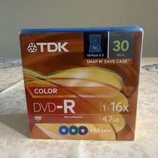 TDK 30 Pack DVD-R 4.7GB 16X Color Plastic Snap N Save Case SEALED picture