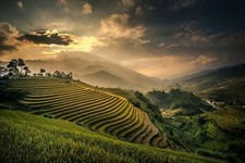 Landscape nature field terraces mountains mist sunset Custom Gaming Mat Desk picture