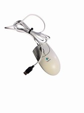 Vintage Logitech First Pilot Wheel Mouse M-BE58 White Woven Eye Logo USB Tested picture