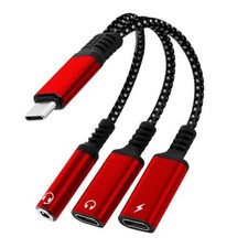 1 in 3 USB C to Type-C Charging and Type-C Headphones Plus 3.5mm Headphones red picture